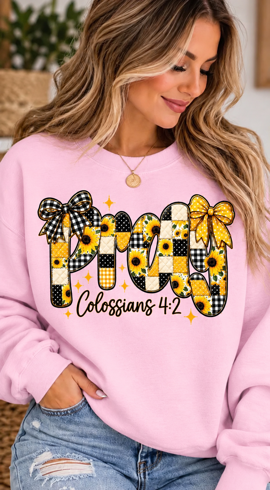 PRAY Colossians 4:2 Crewneck in Light Pink