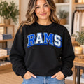 Black RAMS crewneck with blue and white varsity lettering