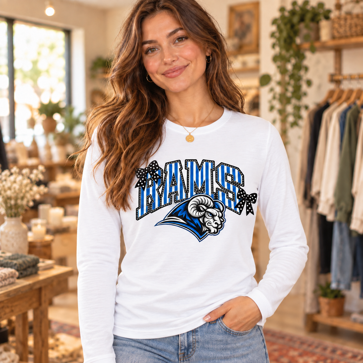 RAMS Bows White Long Sleeve T Shirt boutique model