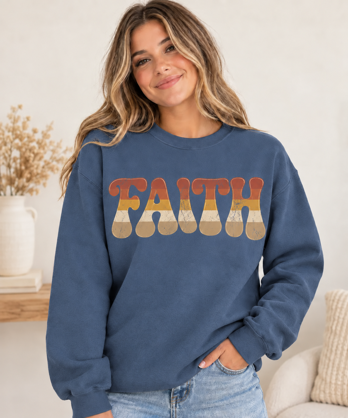 Retro FAITH Crewneck in Indigo Blue