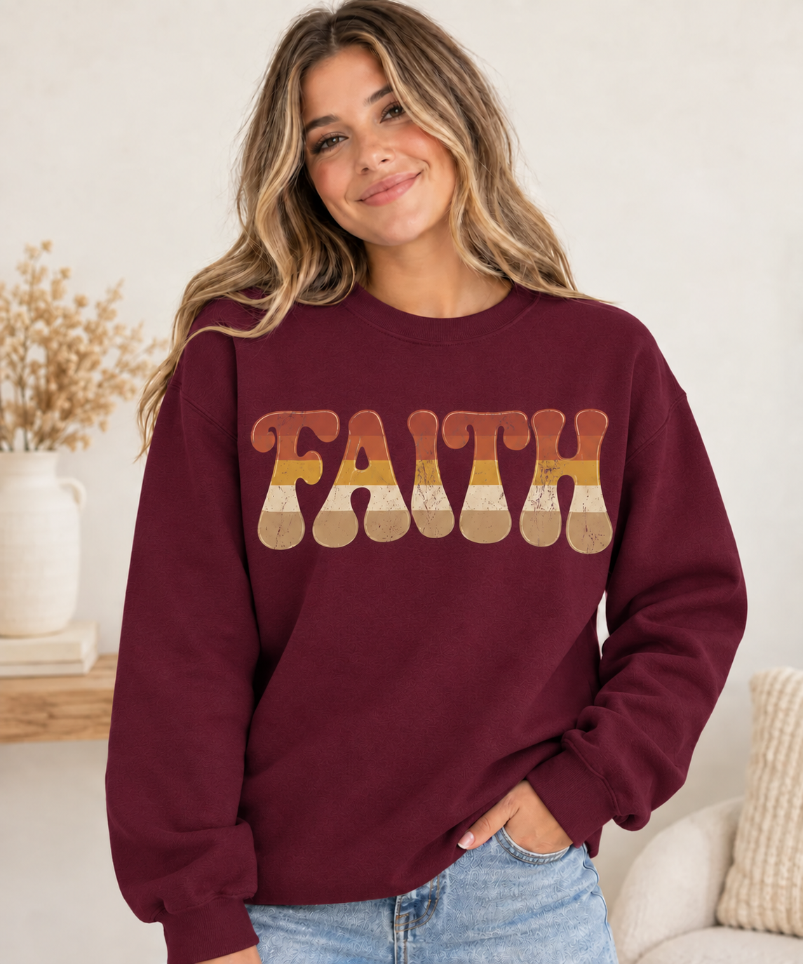 Retro FAITH Crewneck in Maroon