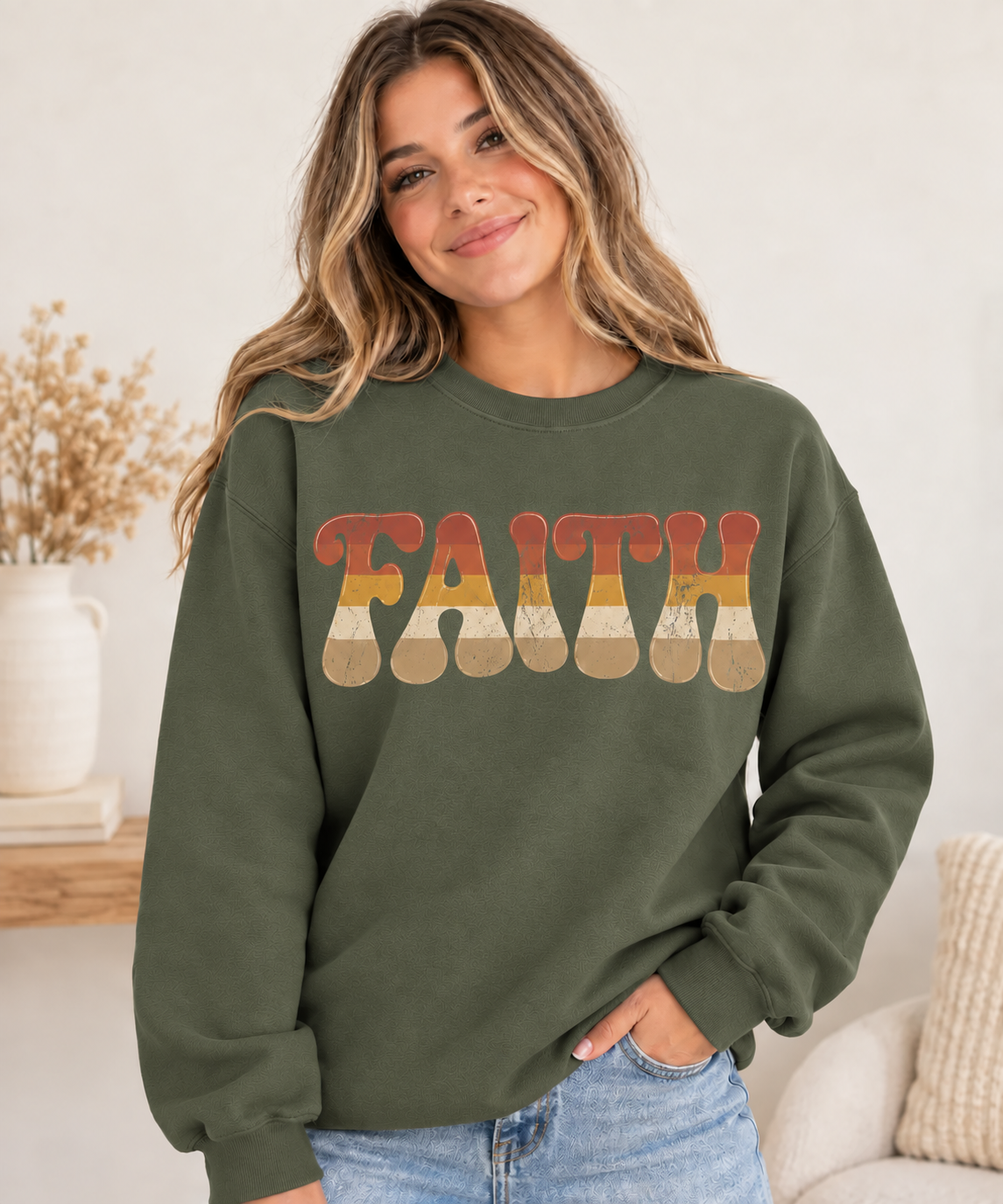 Retro FAITH Crewneck in Military Green