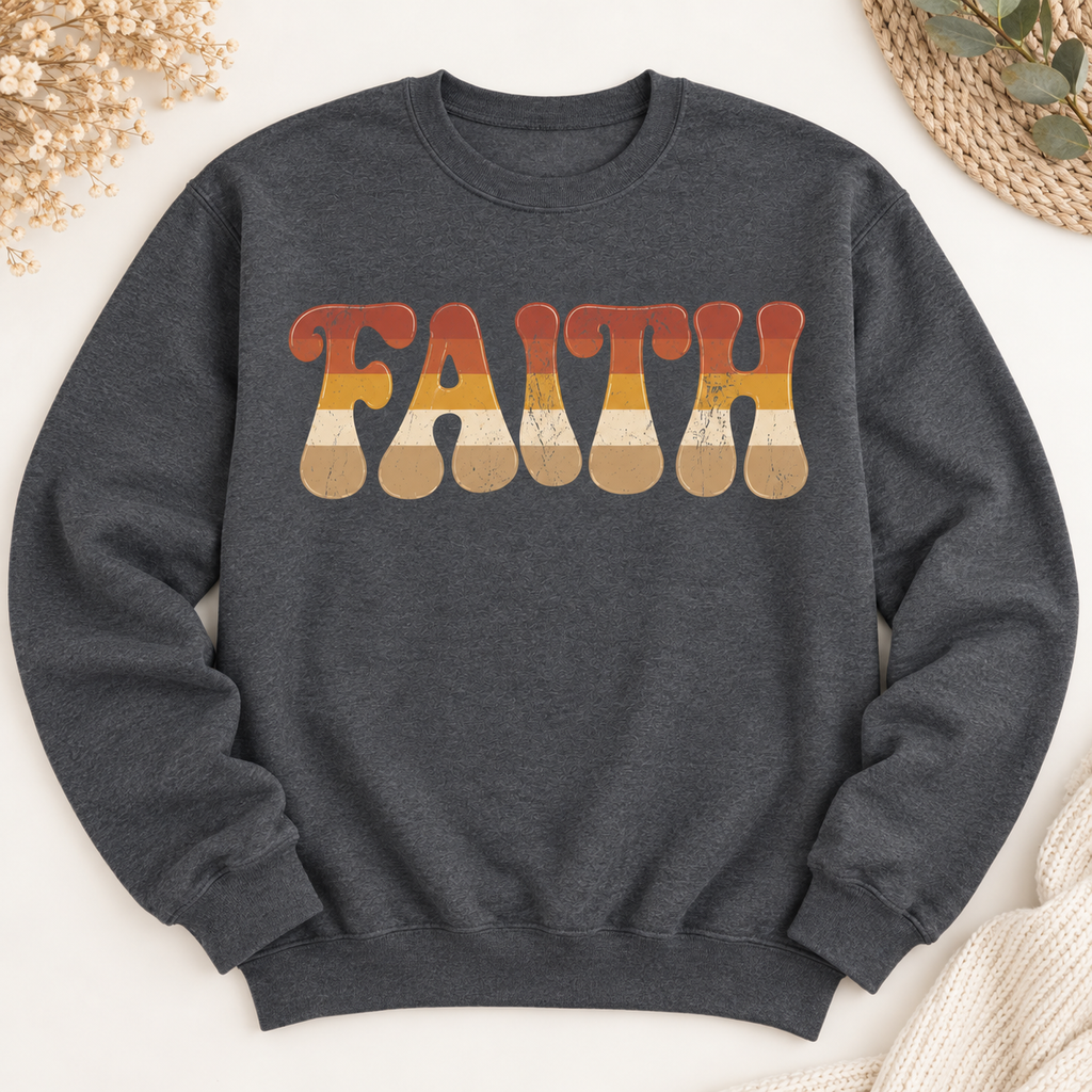 Dark Heather retro FAITH crewneck flat lay