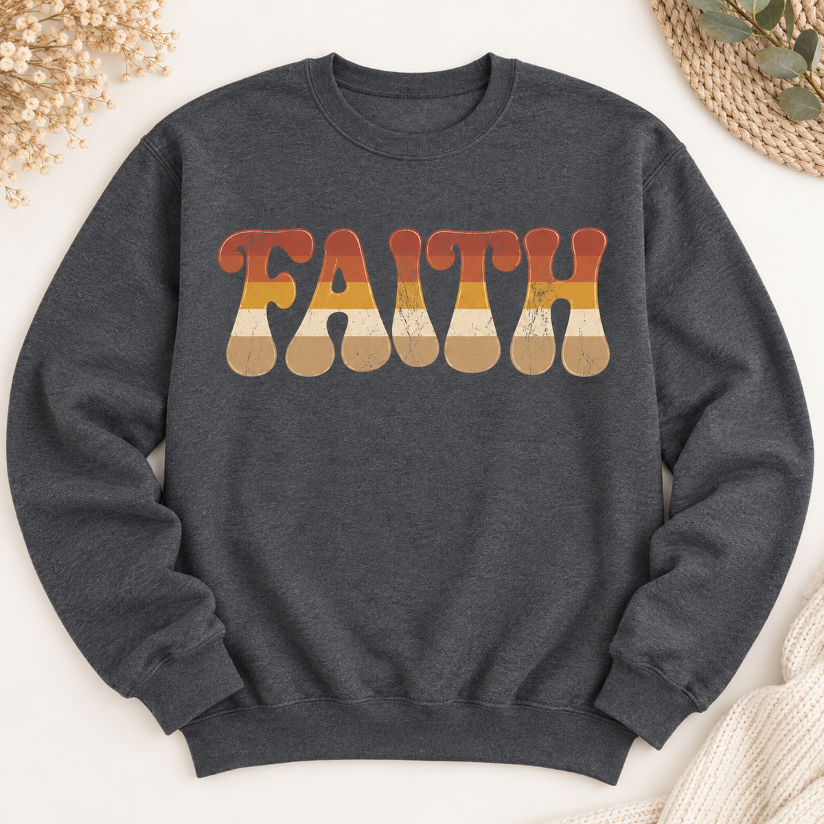 Dark Heather retro FAITH crewneck flat lay