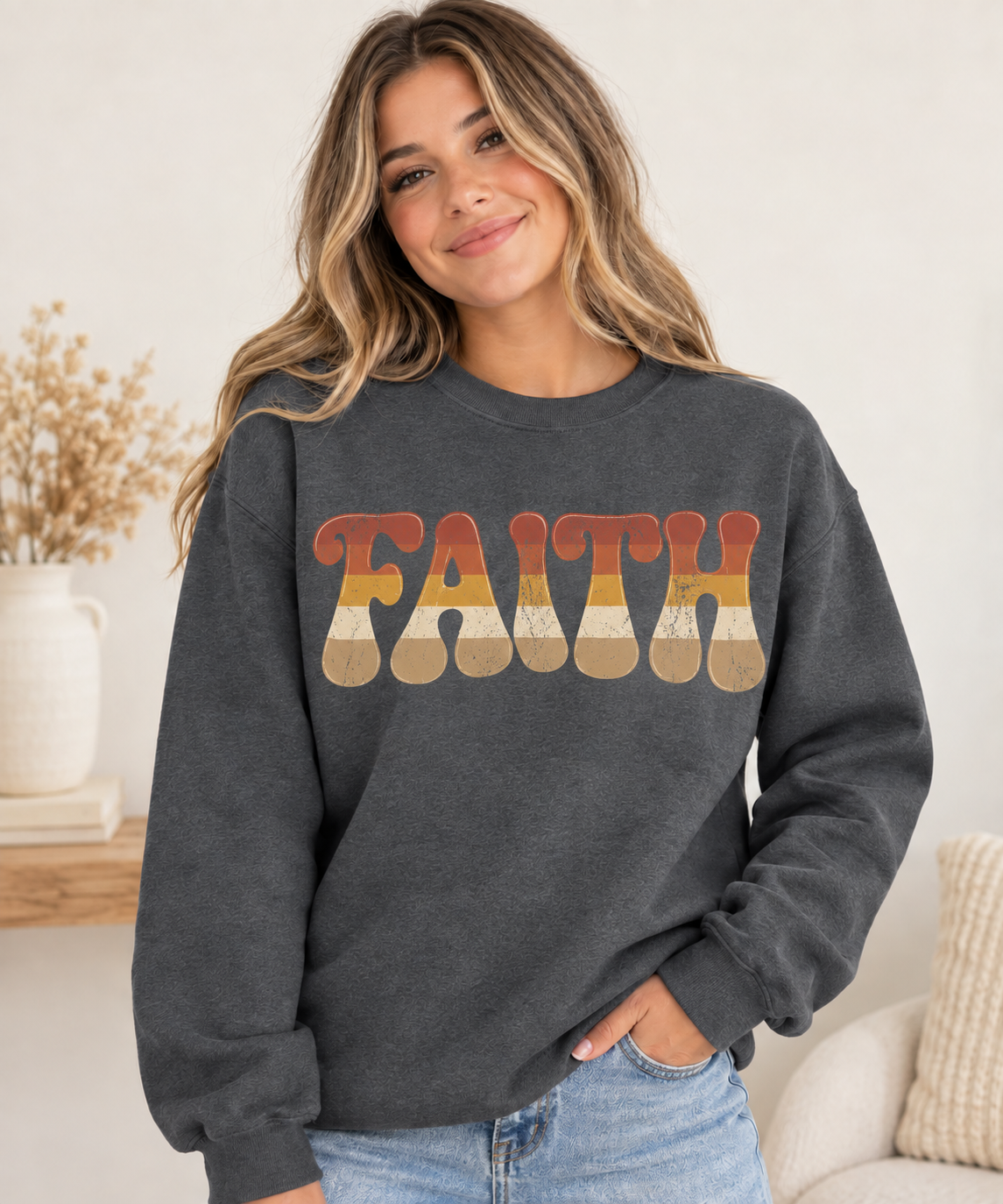 Woman wearing Dark Heather retro FAITH crewneck