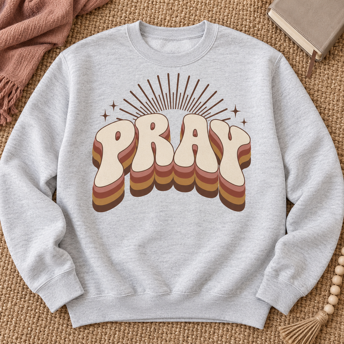 Retro PRAY Ash crewneck sweatshirt flat mockup