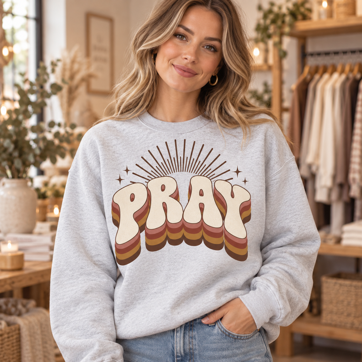 Woman wearing Retro PRAY Ash crewneck sweatshirt
