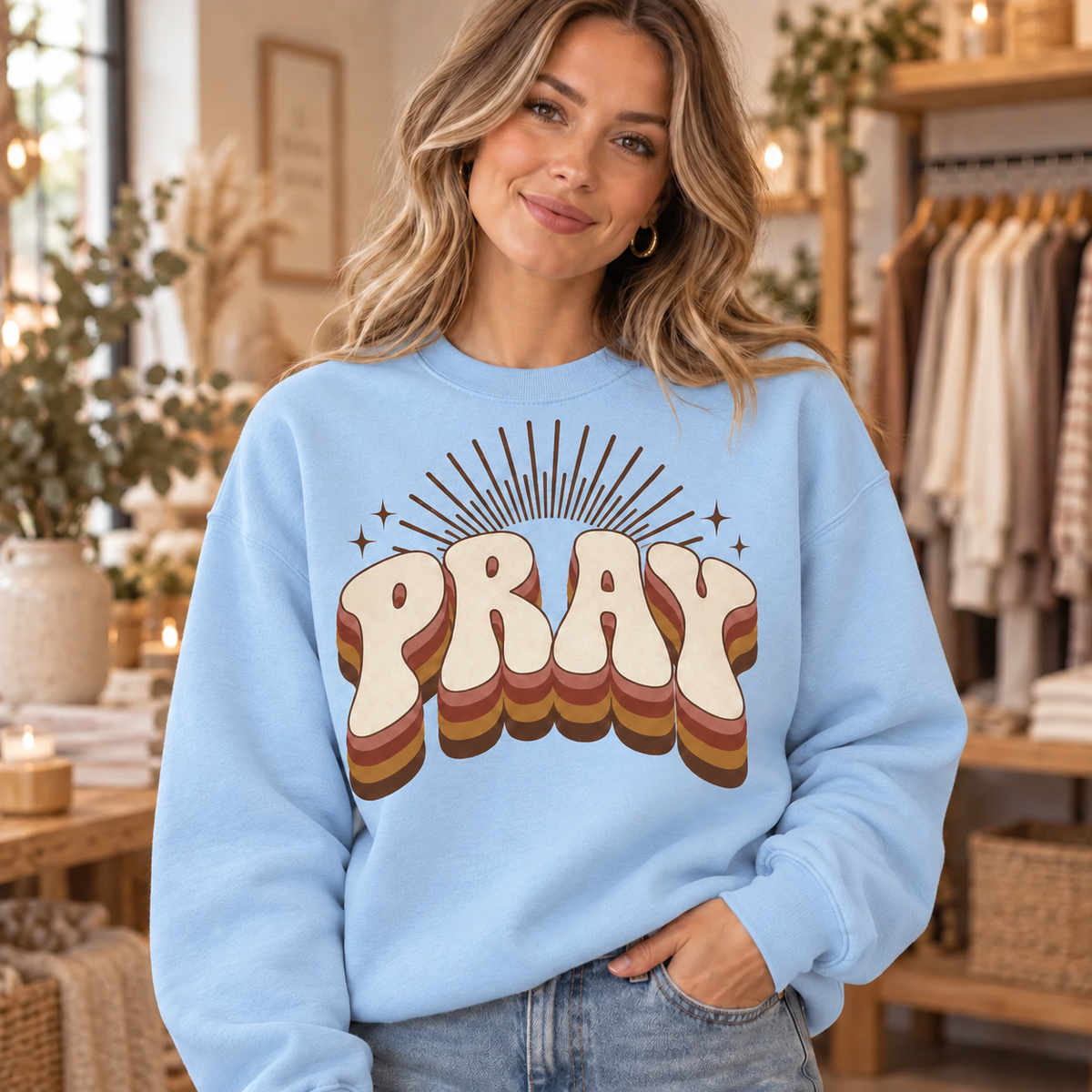 Retro PRAY crewneck in Light Blue