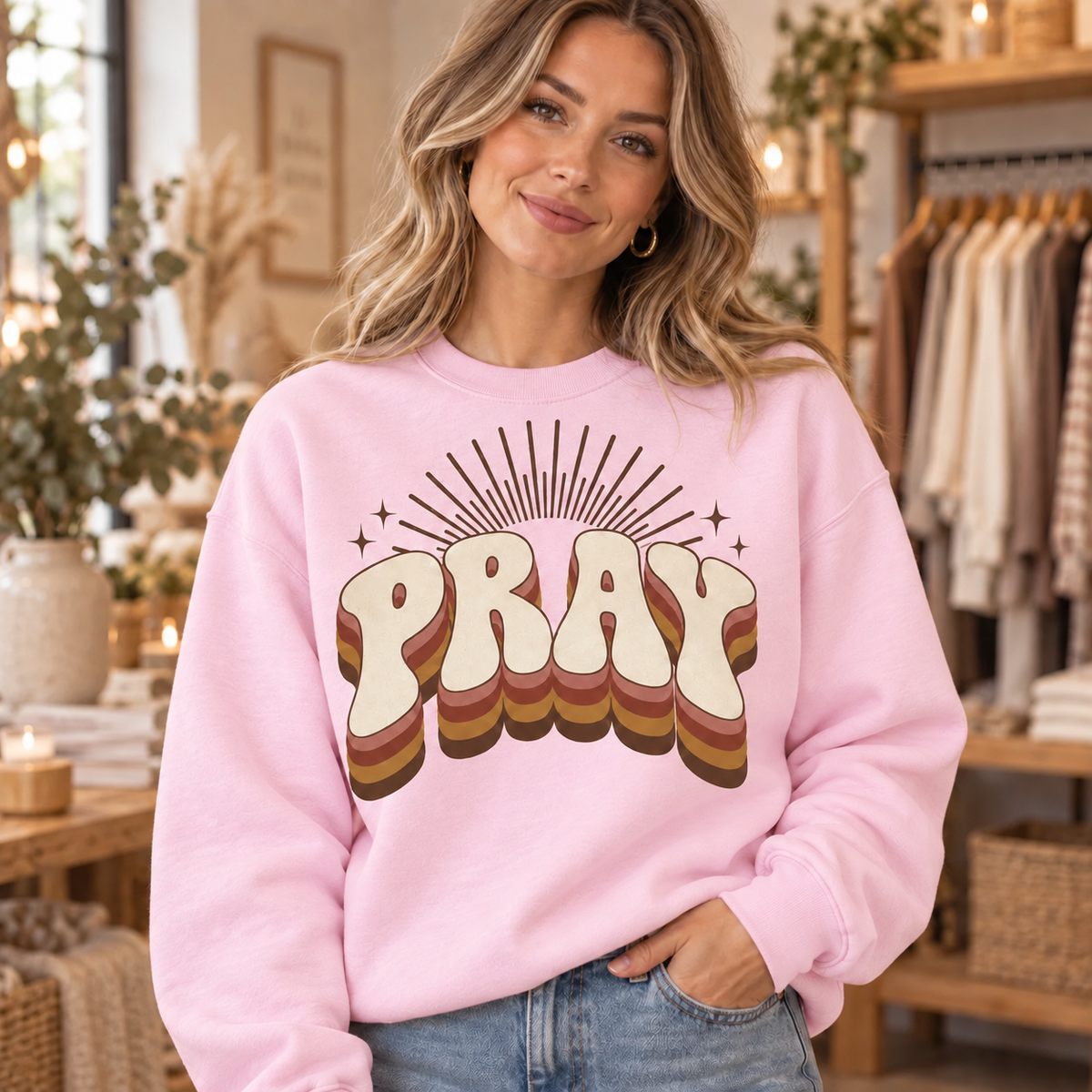 Retro PRAY crewneck in Light Pink