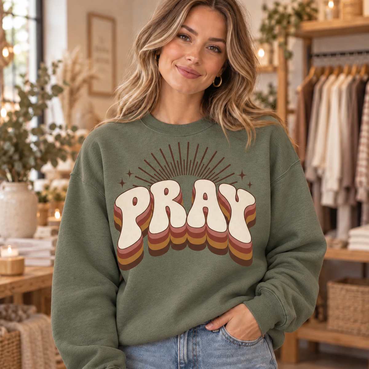 Retro PRAY crewneck in Military Green