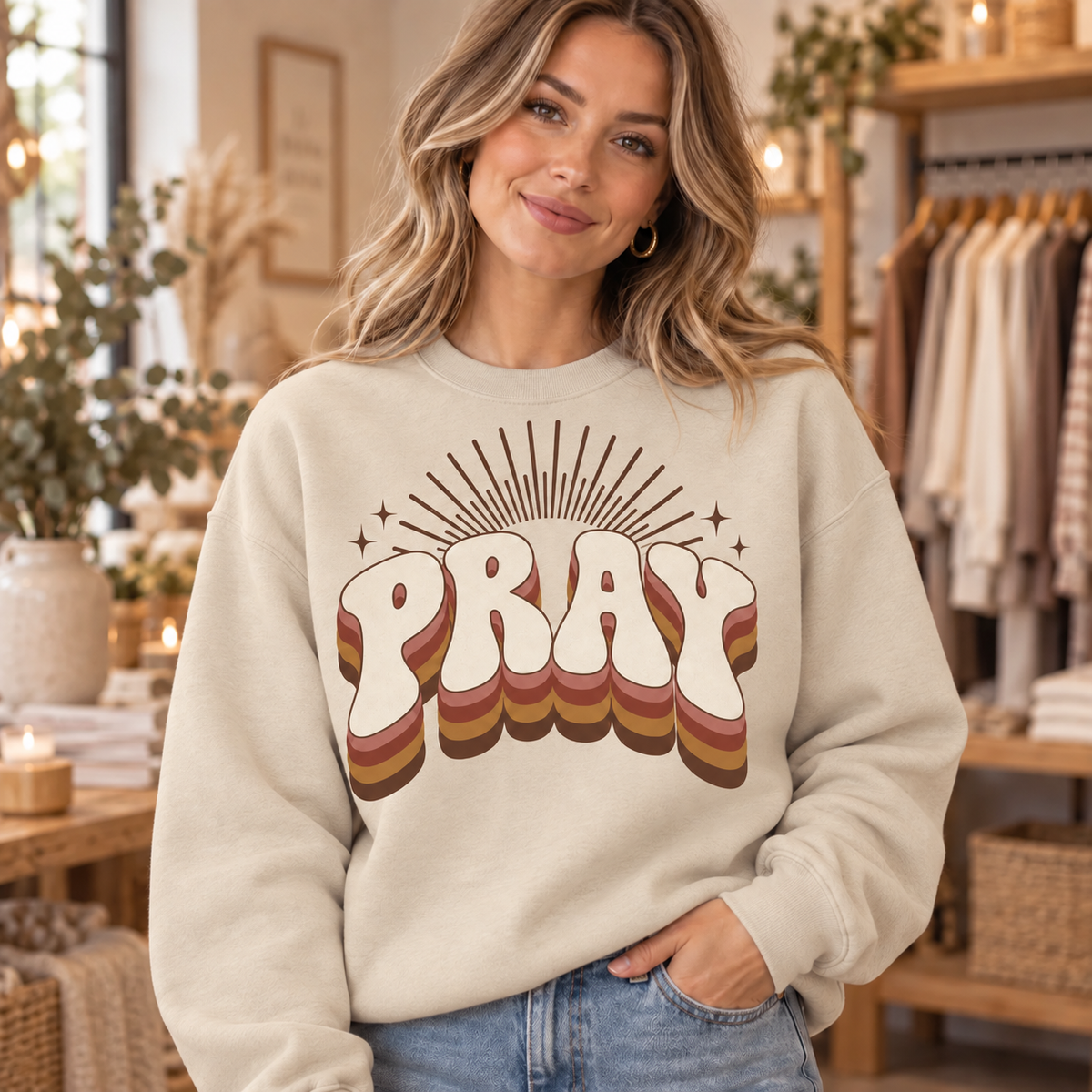 Retro PRAY crewneck in Sand