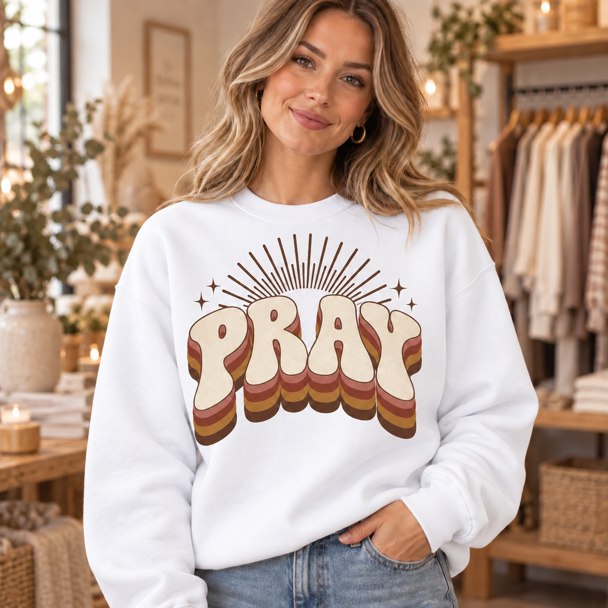 Retro PRAY crewneck in White