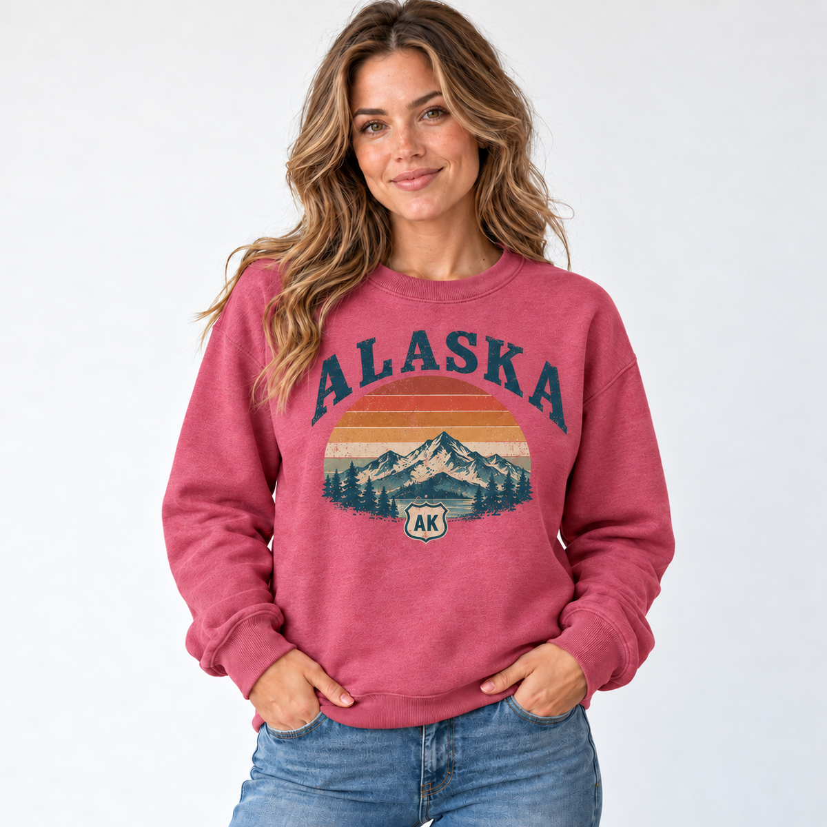 Alaska retro road trip design on a Heather Sport Scarlet Red Gildan G180 crewneck