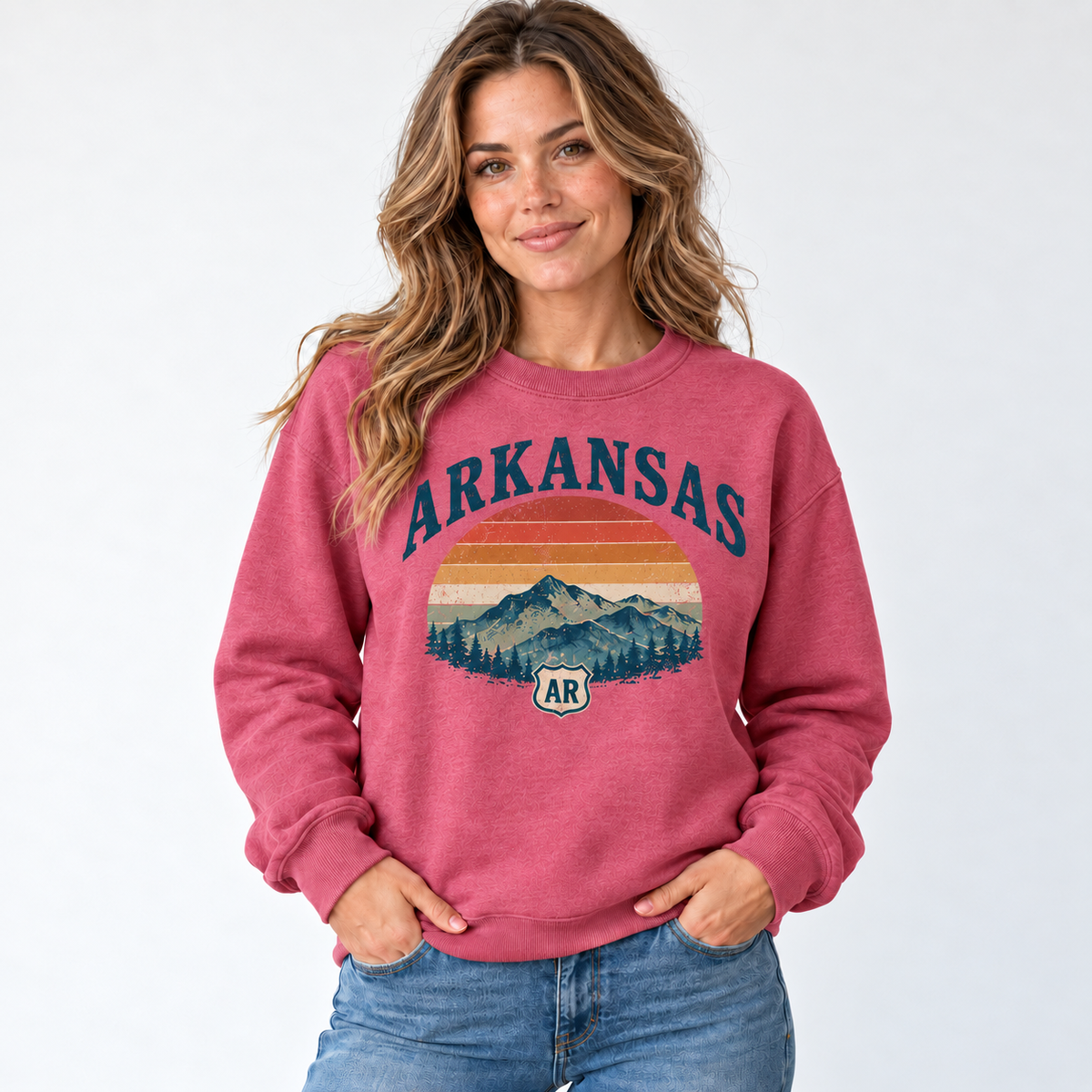 Arkansas retro road trip design on a Heather Sport Scarlet Red Gildan G180 crewneck