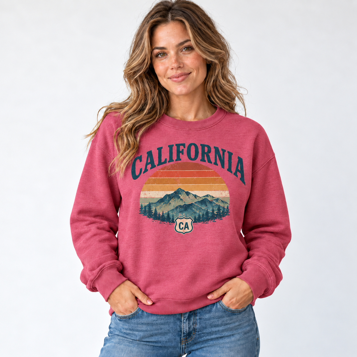 California retro road trip design on a Heather Sport Scarlet Red Gildan G180 crewneck
