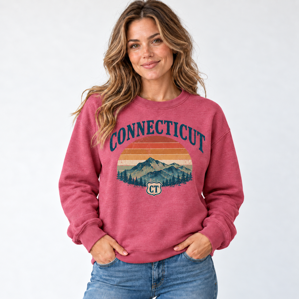 Connecticut retro road trip design on a Heather Sport Scarlet Red Gildan G180 crewneck