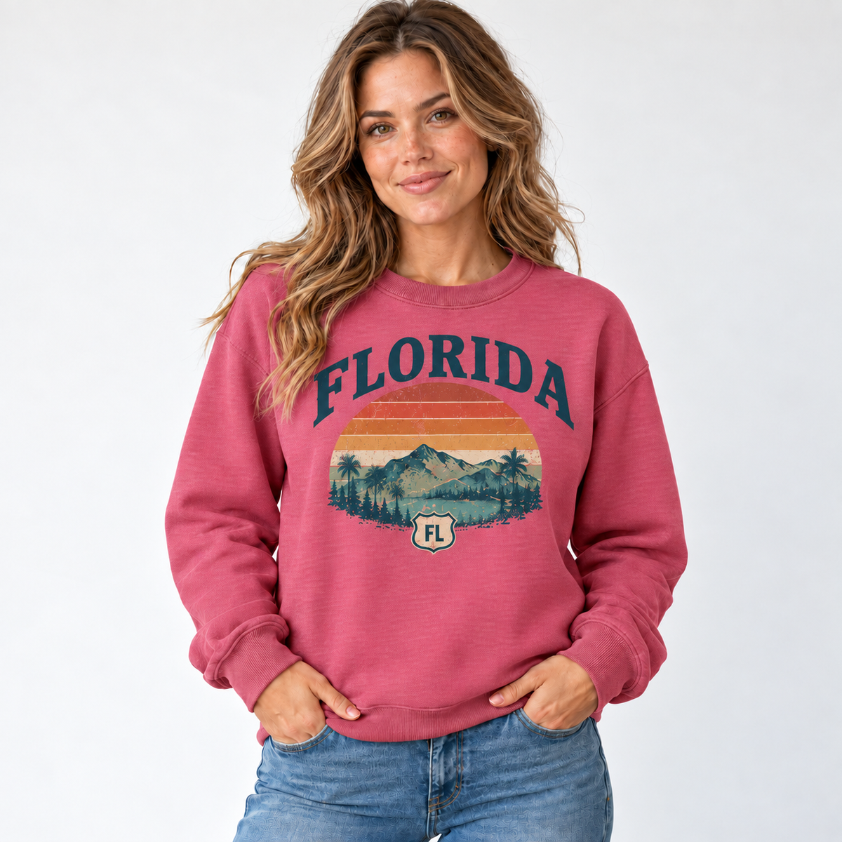 Florida retro road trip design on a Heather Sport Scarlet Red Gildan G180 crewneck