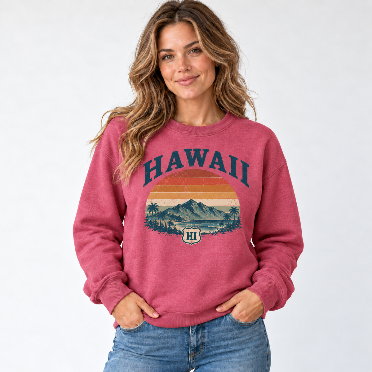 Hawaii retro road trip design on a Heather Sport Scarlet Red Gildan G180 crewneck