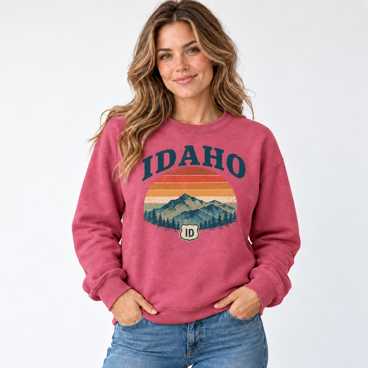 Idaho retro road trip design on a Heather Sport Scarlet Red Gildan G180 crewneck