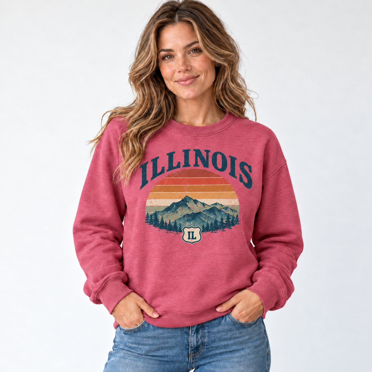 Illinois retro road trip design on a Heather Sport Scarlet Red Gildan G180 crewneck