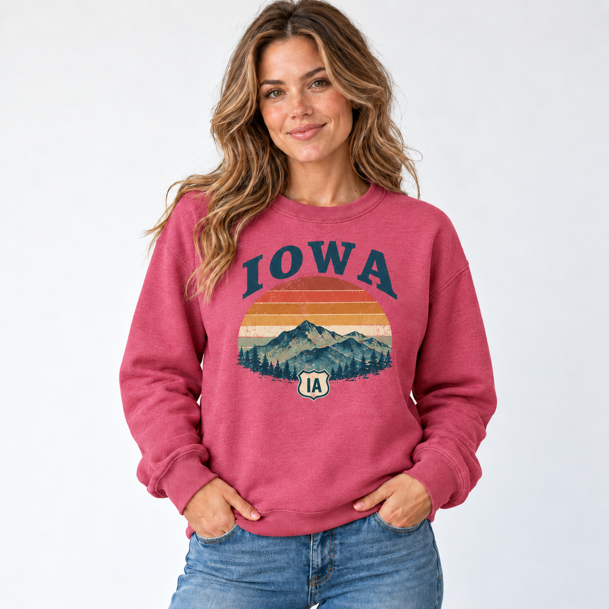 Iowa retro road trip design on a Heather Sport Scarlet Red Gildan G180 crewneck