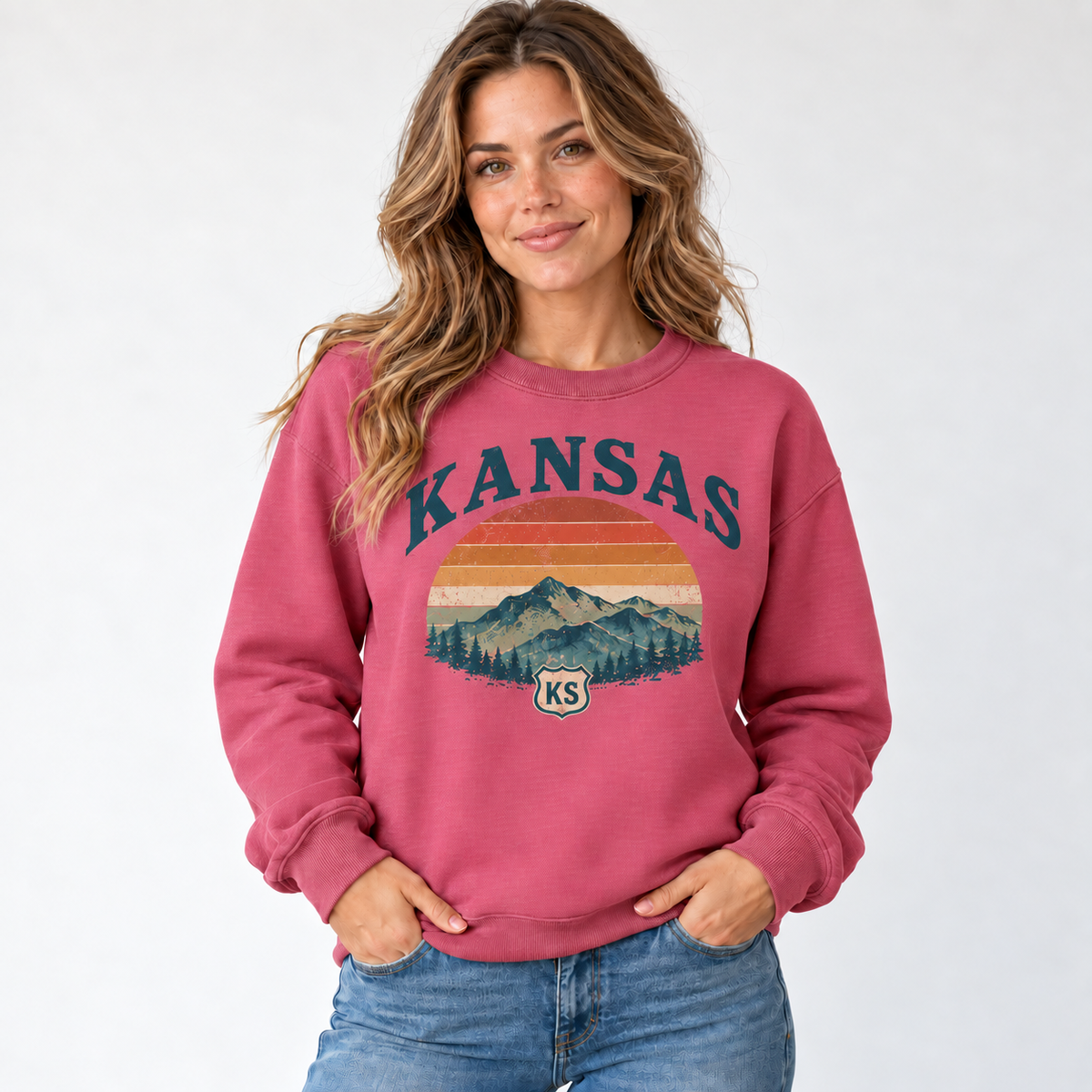 Kansas retro road trip design on a Heather Sport Scarlet Red Gildan G180 crewneck