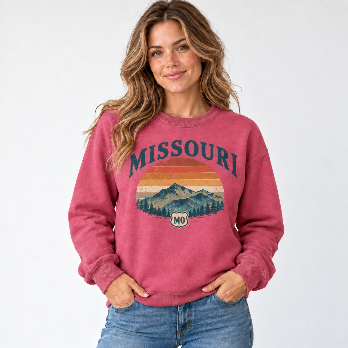 Missouri retro road trip design on a Heather Sport Scarlet Red Gildan G180 crewneck