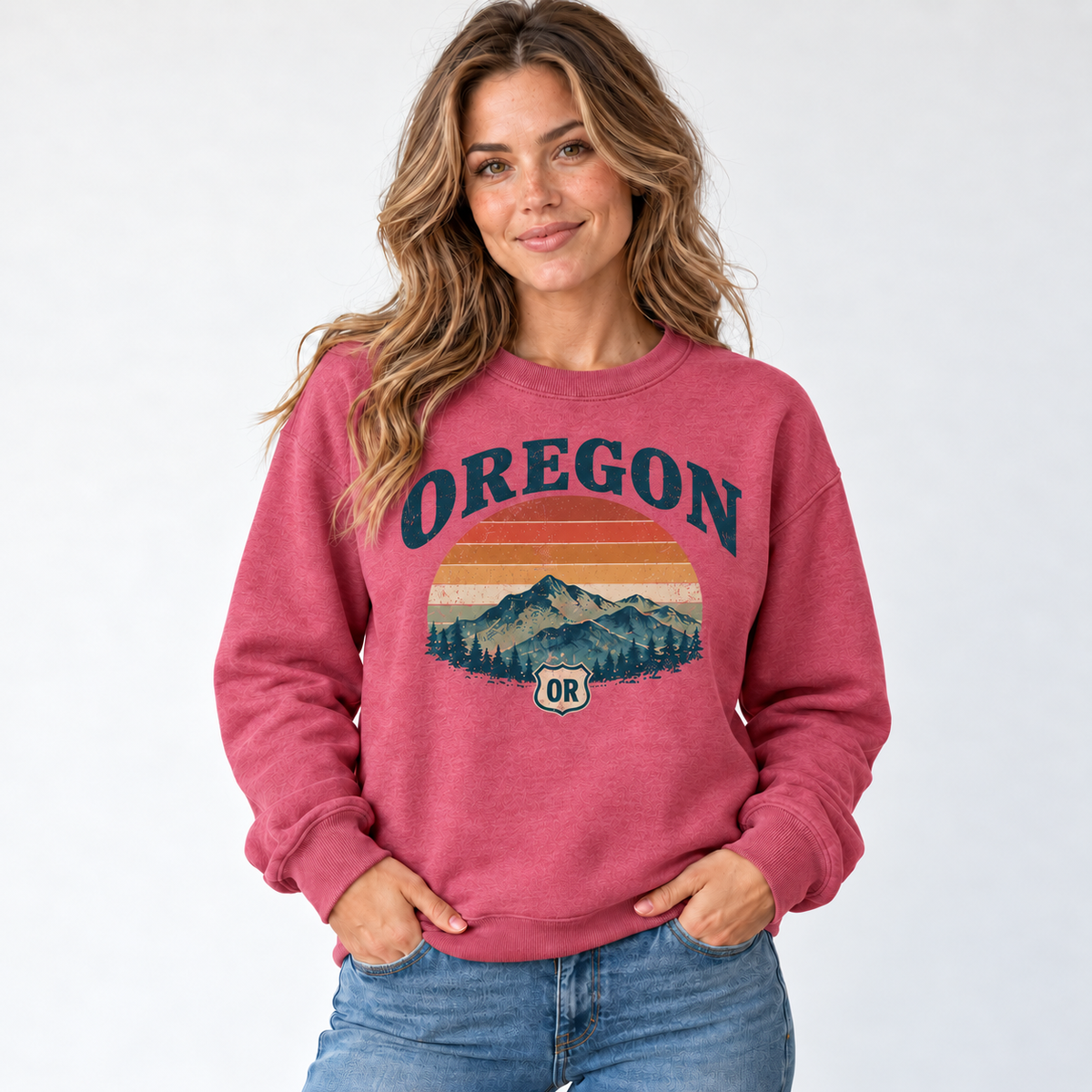 Oregon retro road trip design on a Heather Sport Scarlet Red Gildan G180 crewneck
