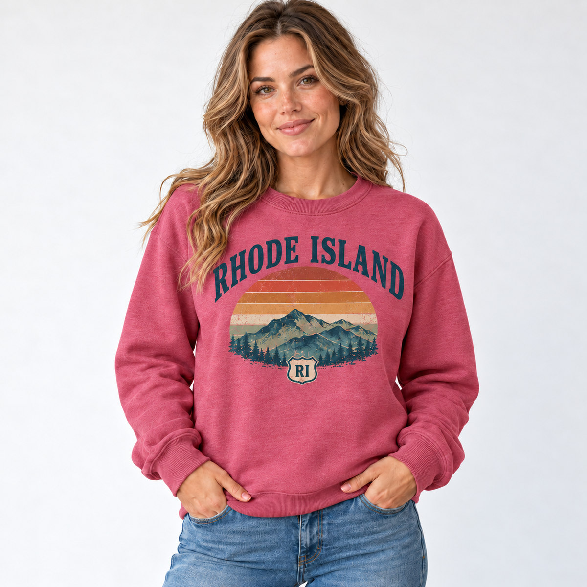 Rhode Island retro road trip design on a Heather Sport Scarlet Red Gildan G180 crewneck