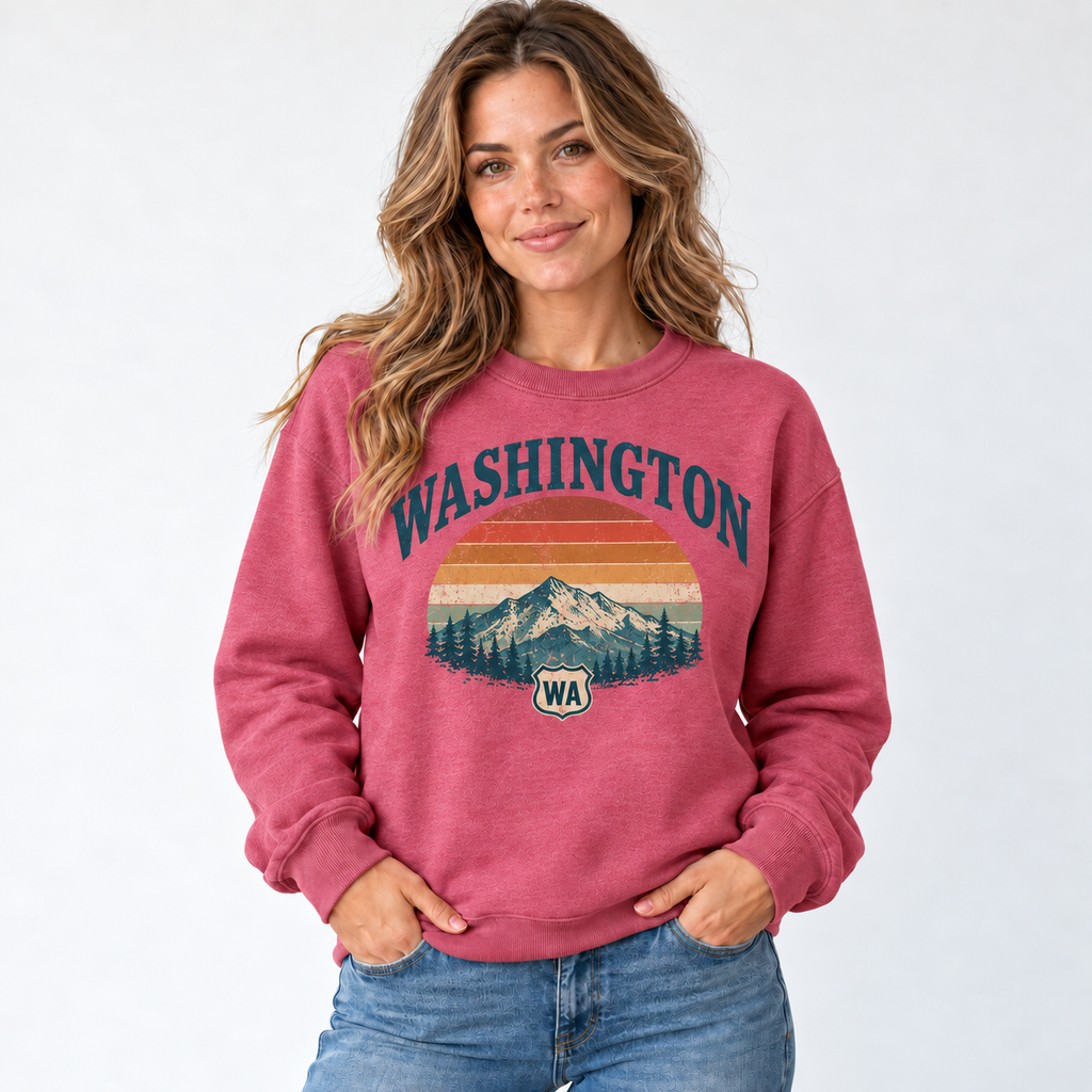 Washington retro road trip design on a Heather Sport Scarlet Red Gildan G180 crewneck