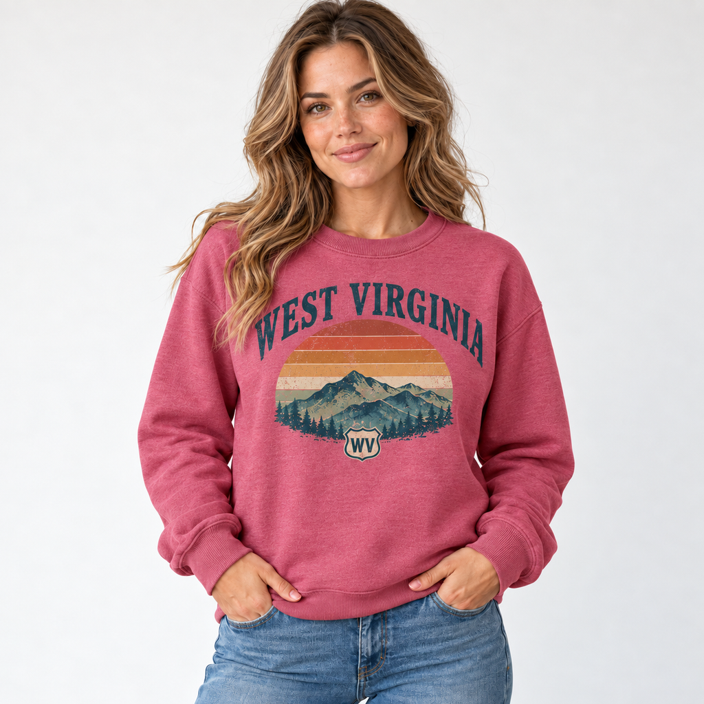 West Virginia retro road trip design on a Heather Sport Scarlet Red Gildan G180 crewneck