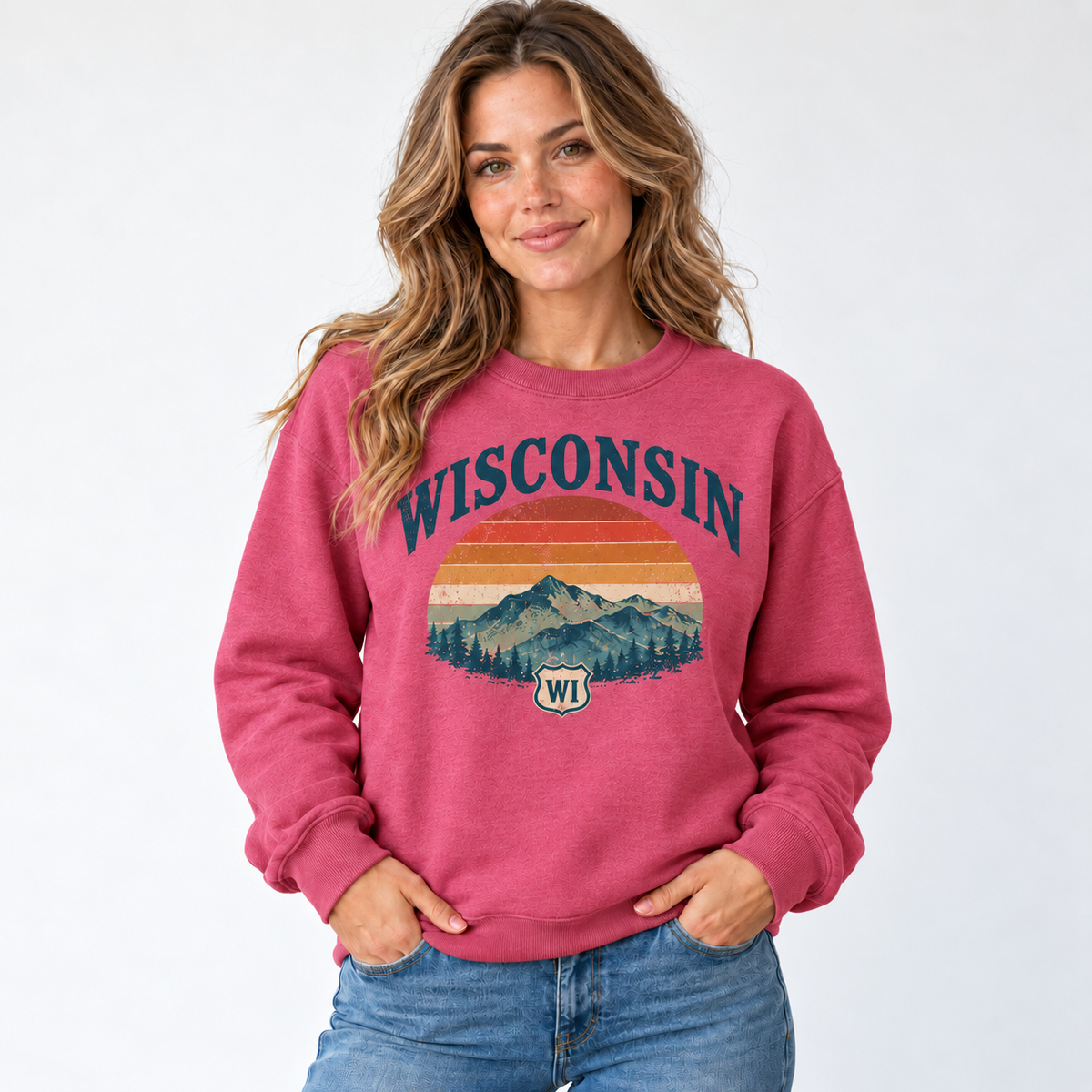 Wisconsin retro road trip design on a Heather Sport Scarlet Red Gildan G180 crewneck