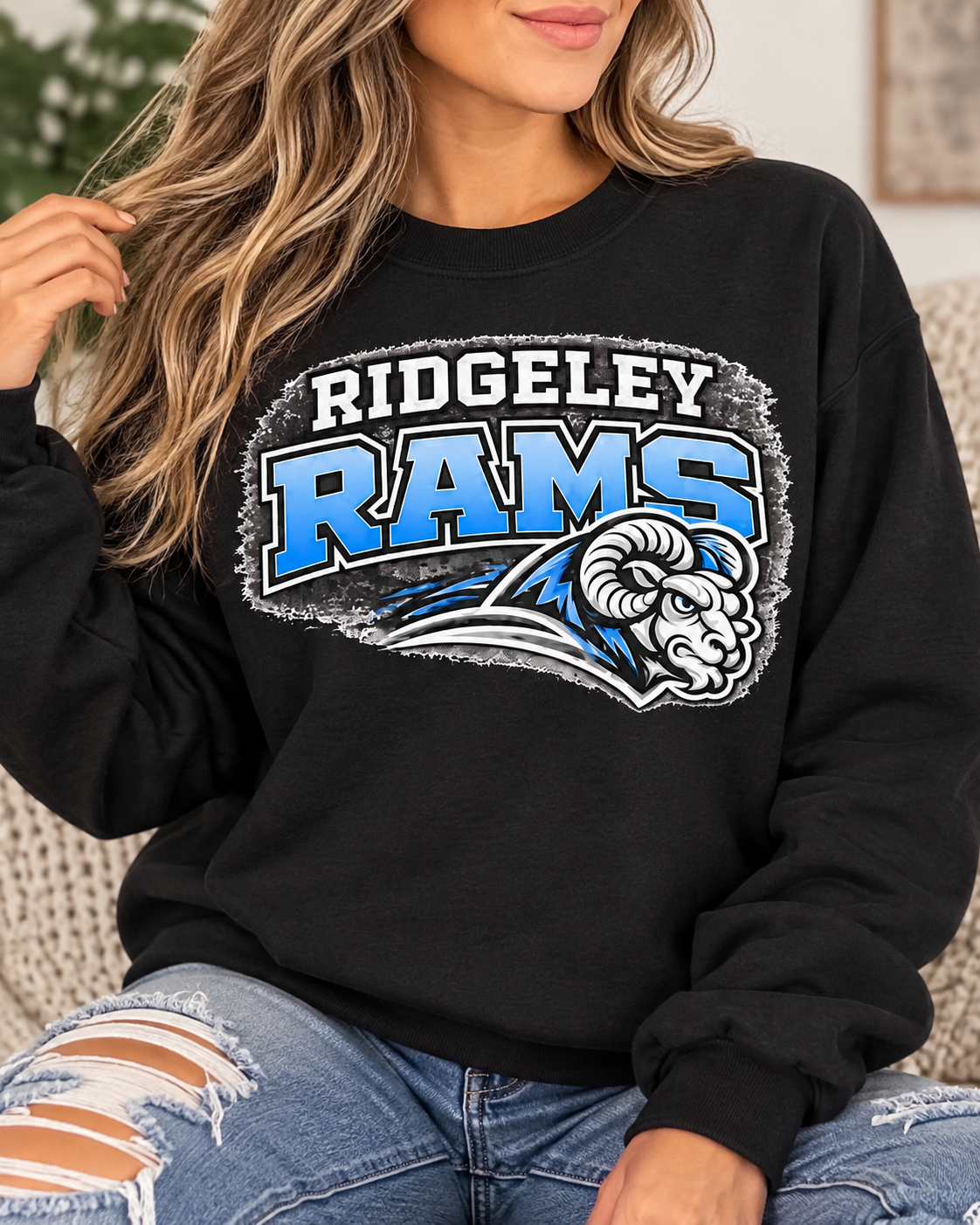 Ridgeley Rams black crewneck woman mockup
