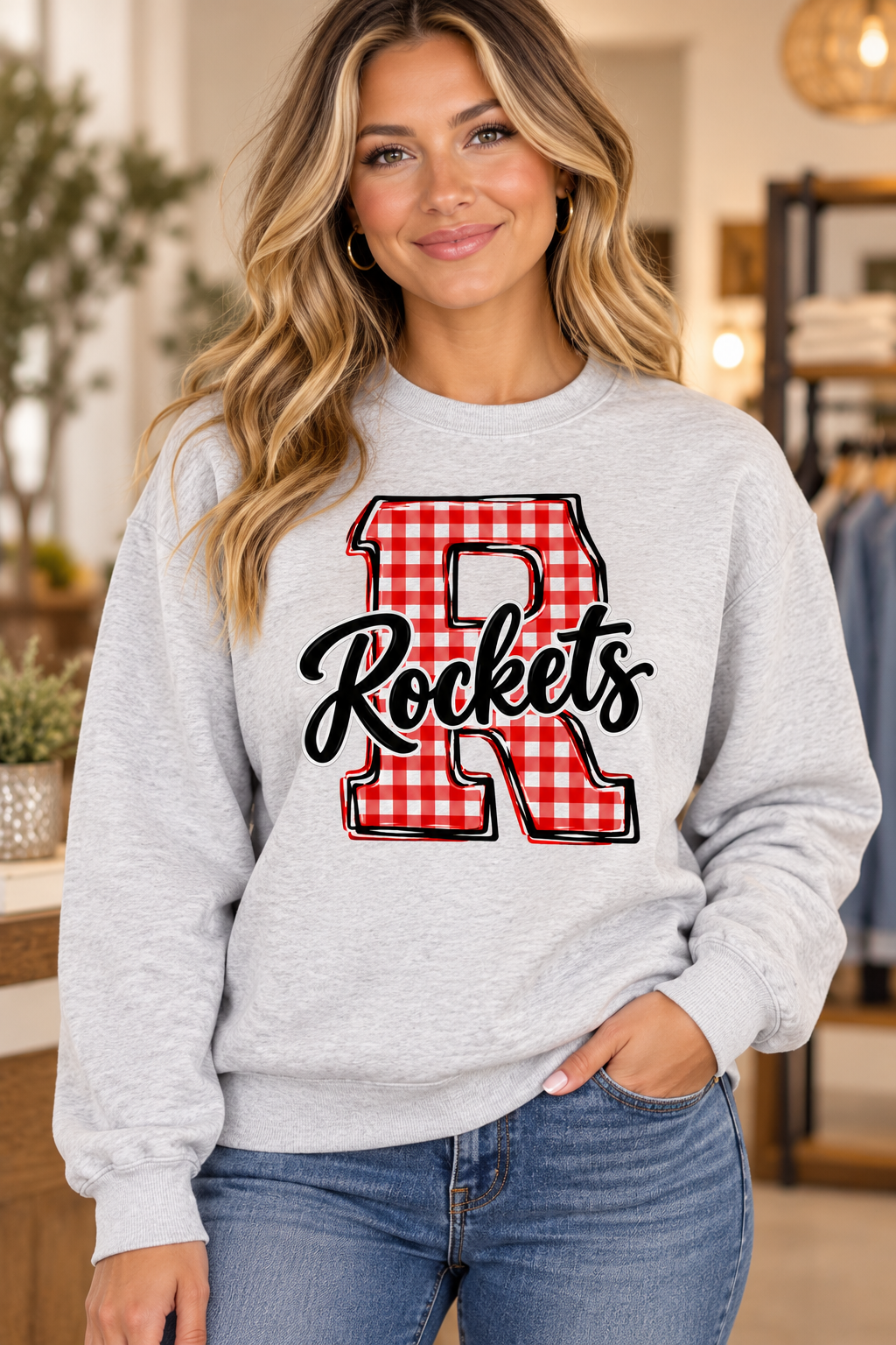 Ash Rockwood Rockets Gingham R Crewneck mockup