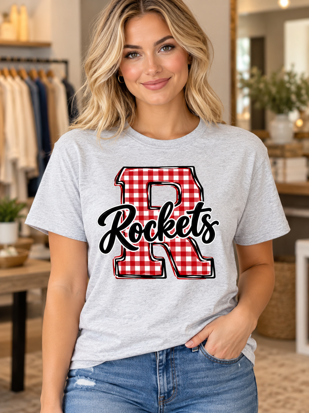 Ash Rockwood Rockets Gingham R T-Shirt mockup