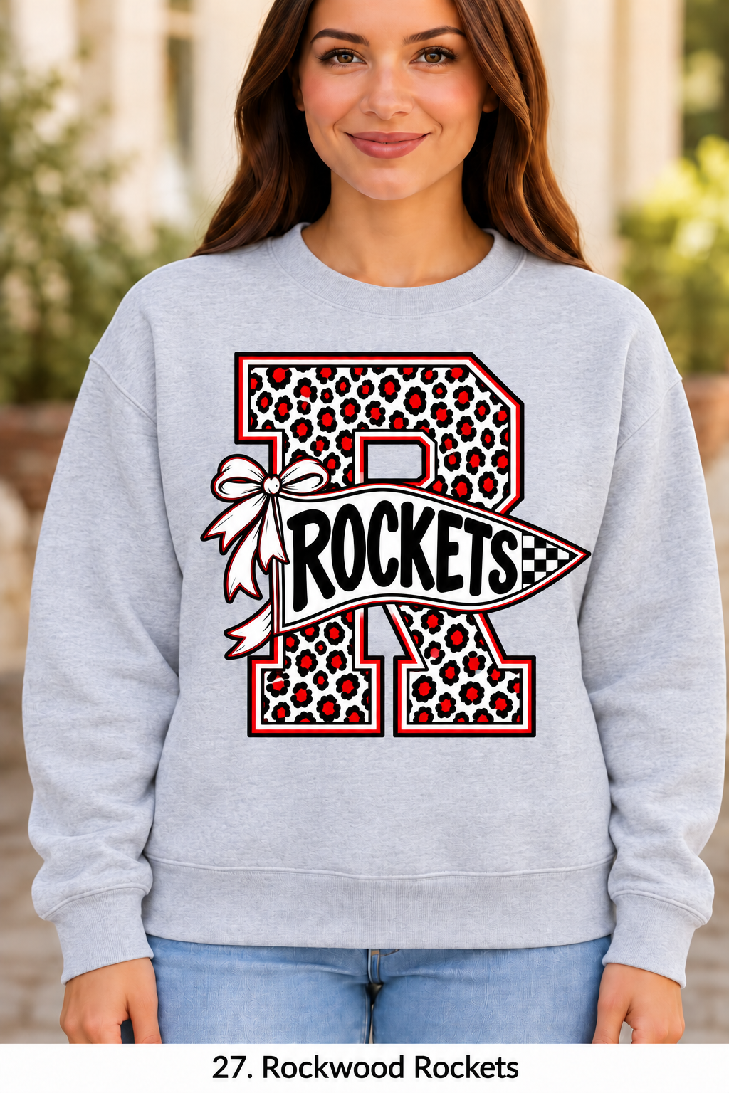 Rockwood Rockets Cheetah Pennant Bow Sport Gray Crewneck