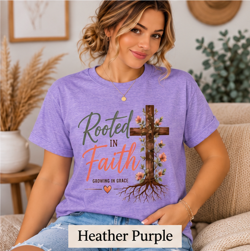 Rooted in Faith heather-purple Gildan Softstyle T-shirt