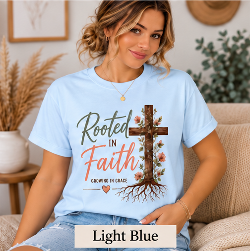 Rooted in Faith light-blue Gildan Softstyle T-shirt