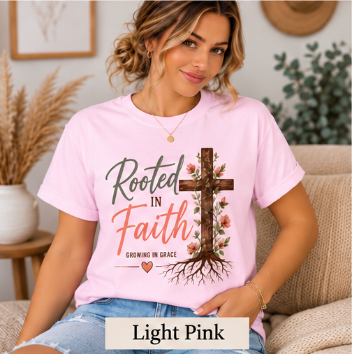 Rooted in Faith light-pink Gildan Softstyle T-shirt