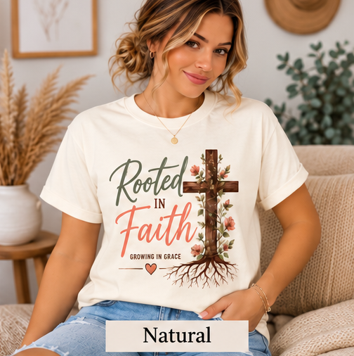 Rooted in Faith natural Gildan Softstyle T-shirt