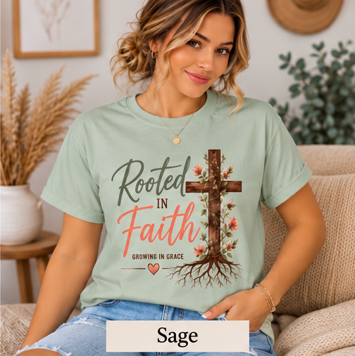 Rooted in Faith sage Gildan Softstyle T-shirt
