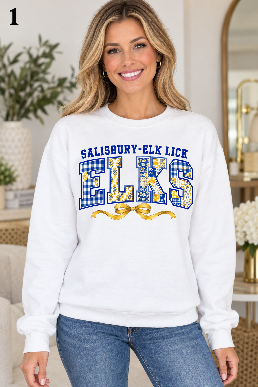 Salisbury-Elk Lick Elks design 1: Floral Patchwork Varsity on White