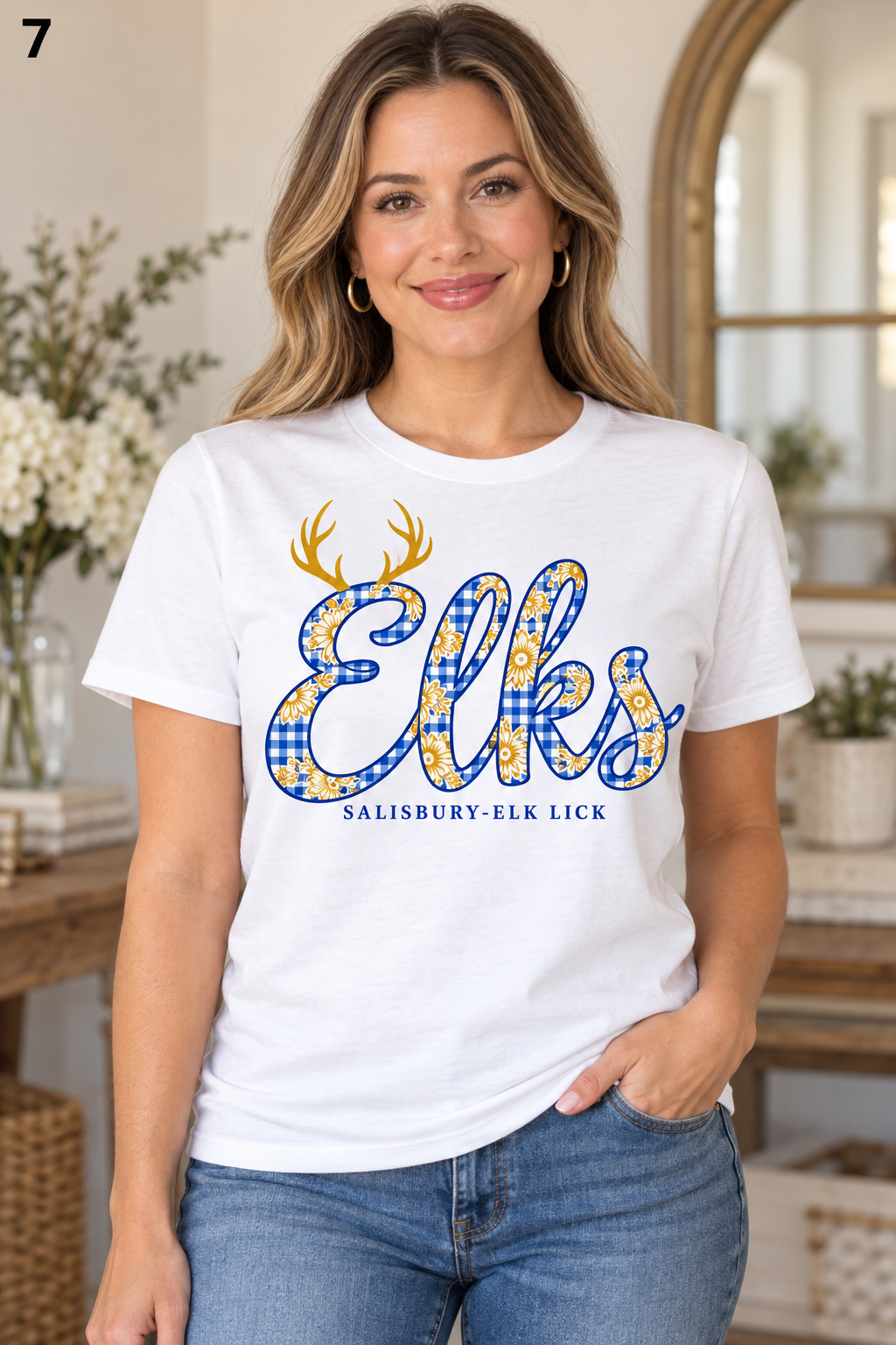 Salisbury-Elk Lick Elks design 7: Floral Gingham Script on White
