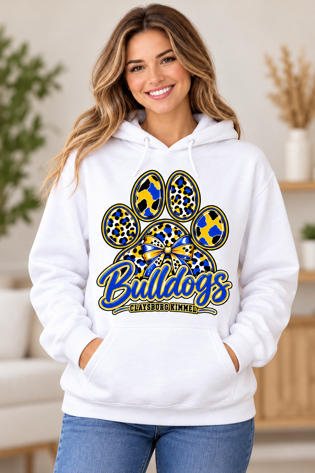 Claysburg Kimmel Bulldogs Hoodie female model mockup