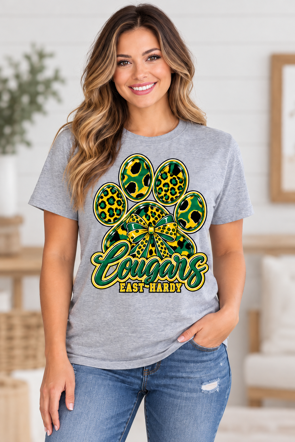 East Hardy Cougars T-Shirt female model mockup