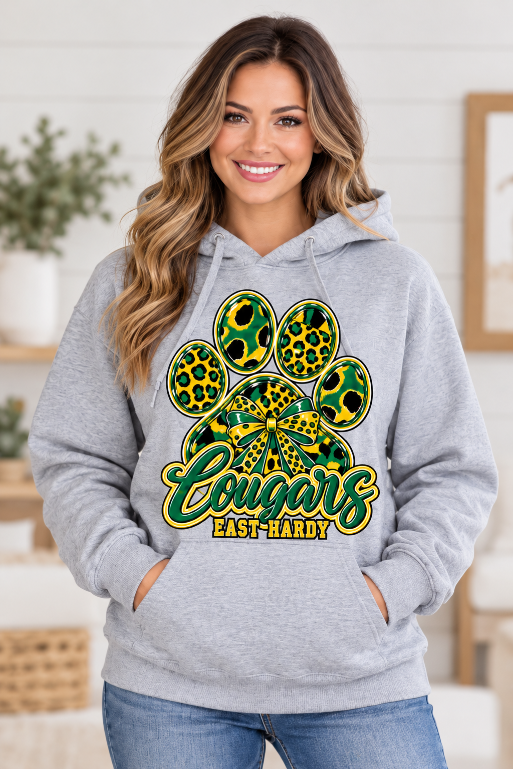 East Hardy Cougars Hoodie female model mockup