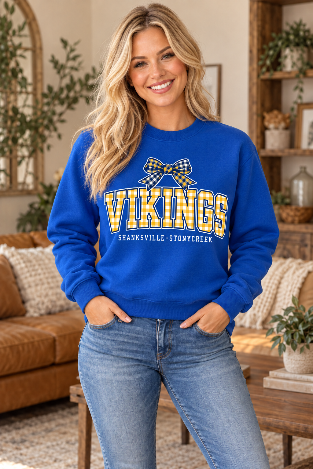 Shanksville-Stonycreek Vikings Gingham Bow Crewneck in Royal Blue