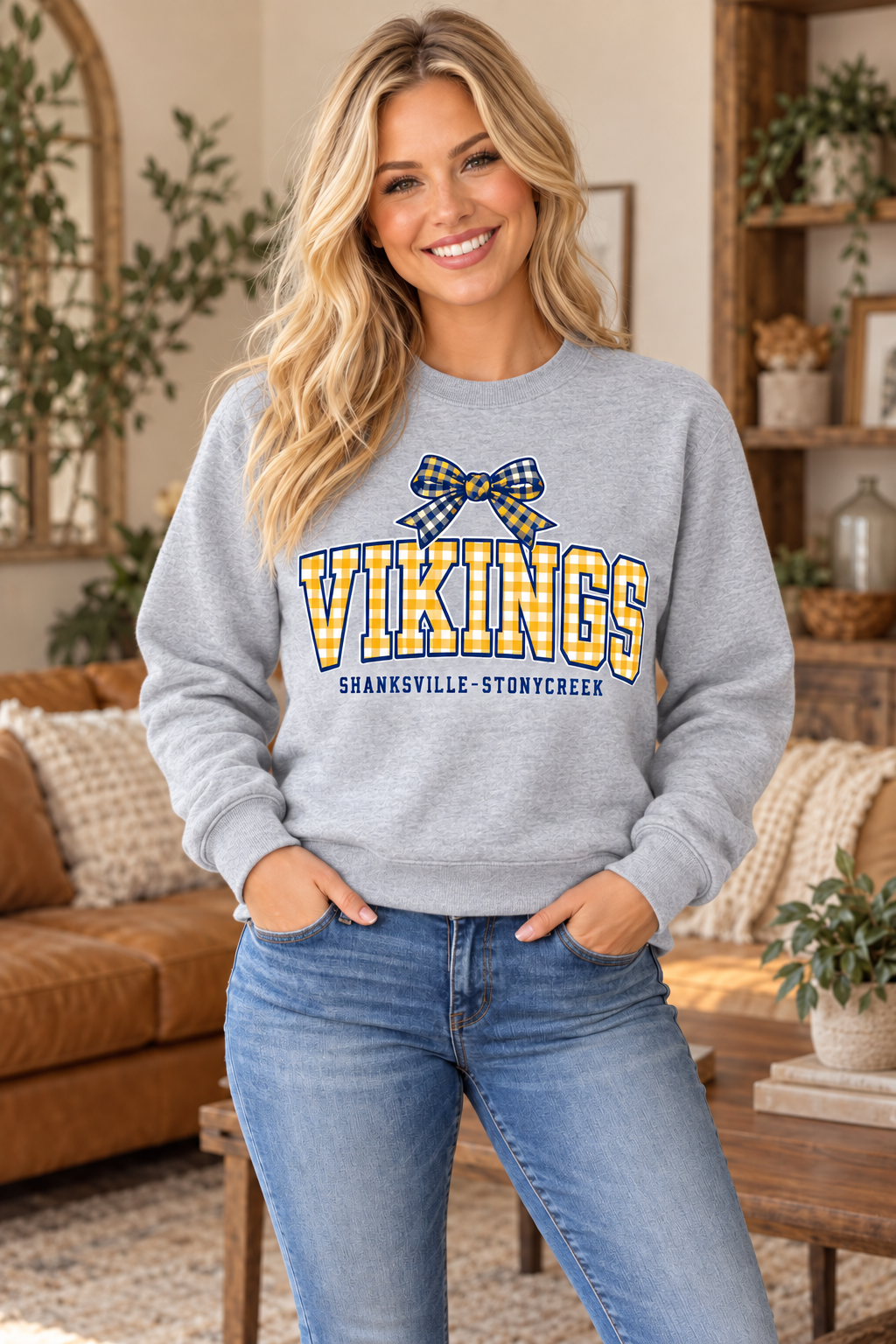 Shanksville-Stonycreek Vikings Gingham Bow Crewneck in Sport Gray