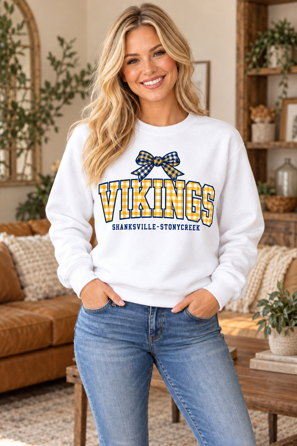 Shanksville-Stonycreek Vikings Gingham Bow Crewneck in White