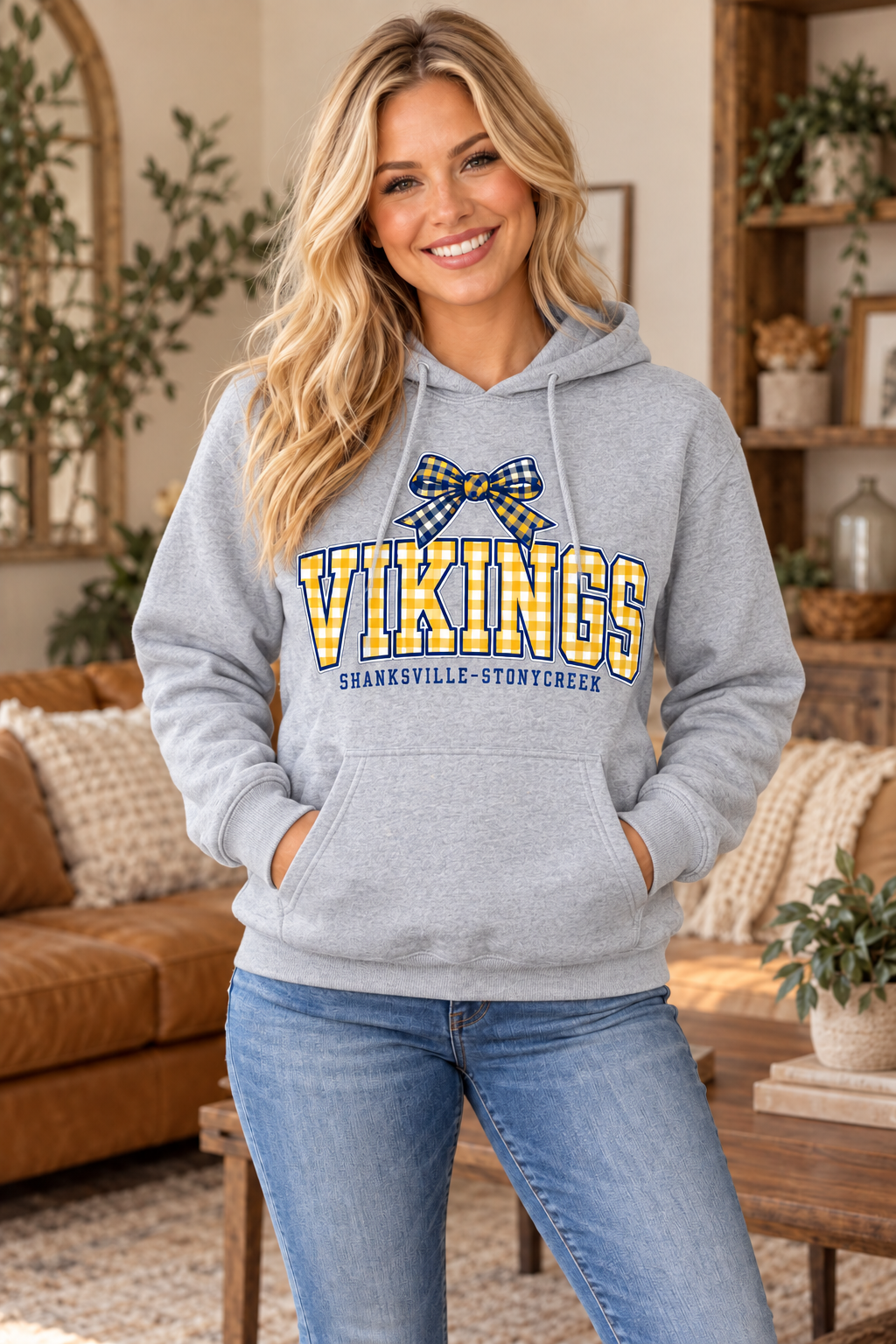 Shanksville-Stonycreek Vikings Gingham Bow Hoodie in Sport Gray